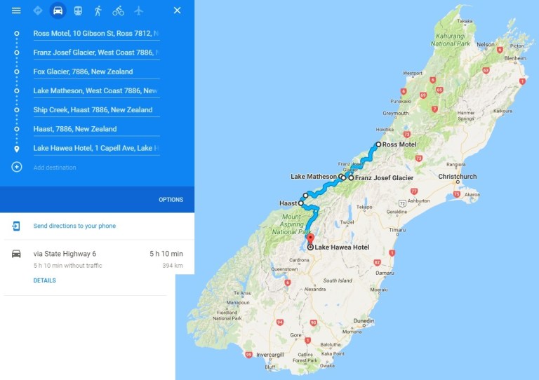 Day 4 - Map - Franz Joseph and Fox Glaciers