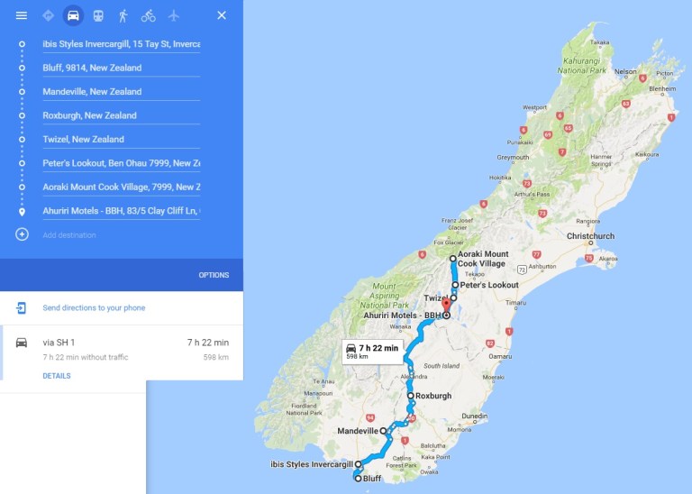 Day 7 - Map - On our way to Mount Cook