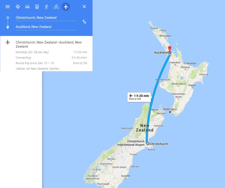 Day 9 - Map - Flight Christchurch Auckland